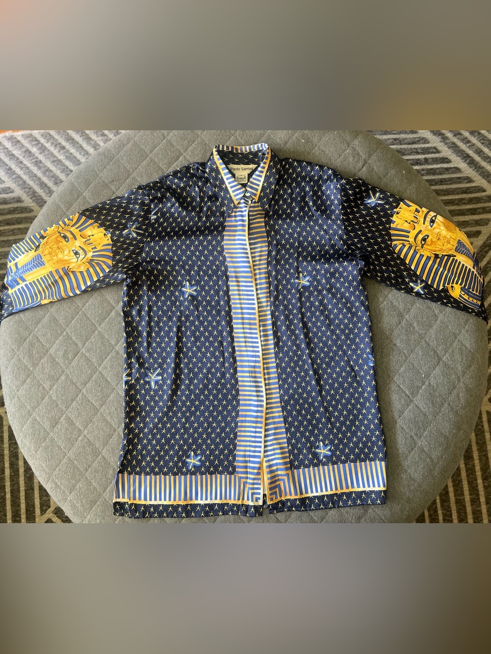 PAOLO SANTINI Sz 8 Navy Silk Long Sleeve King Tut Blouse Excellent Condition